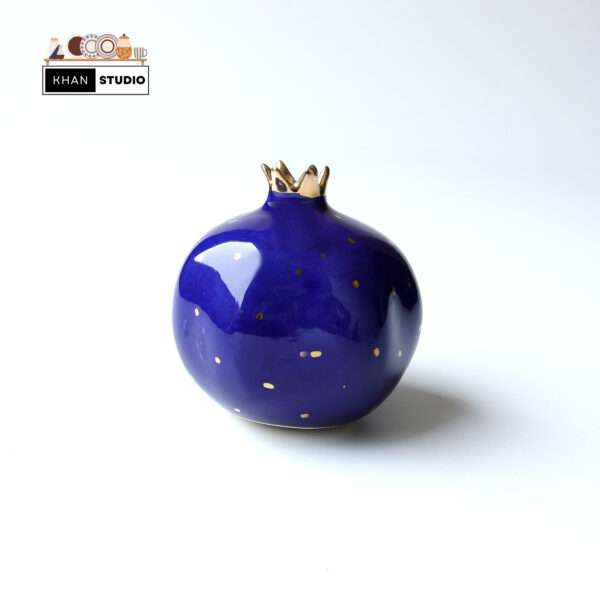 Khan Studio Ceramic Showpiece Pomegranate with Gold Plated Crown and Glossy, Artifical Fruit, 4 inch Piece of 1 (Binding Blue