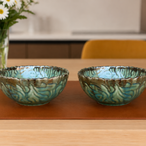 Khan Ceramic ocean wave ceramic bowls emerald brown glaze set of 2