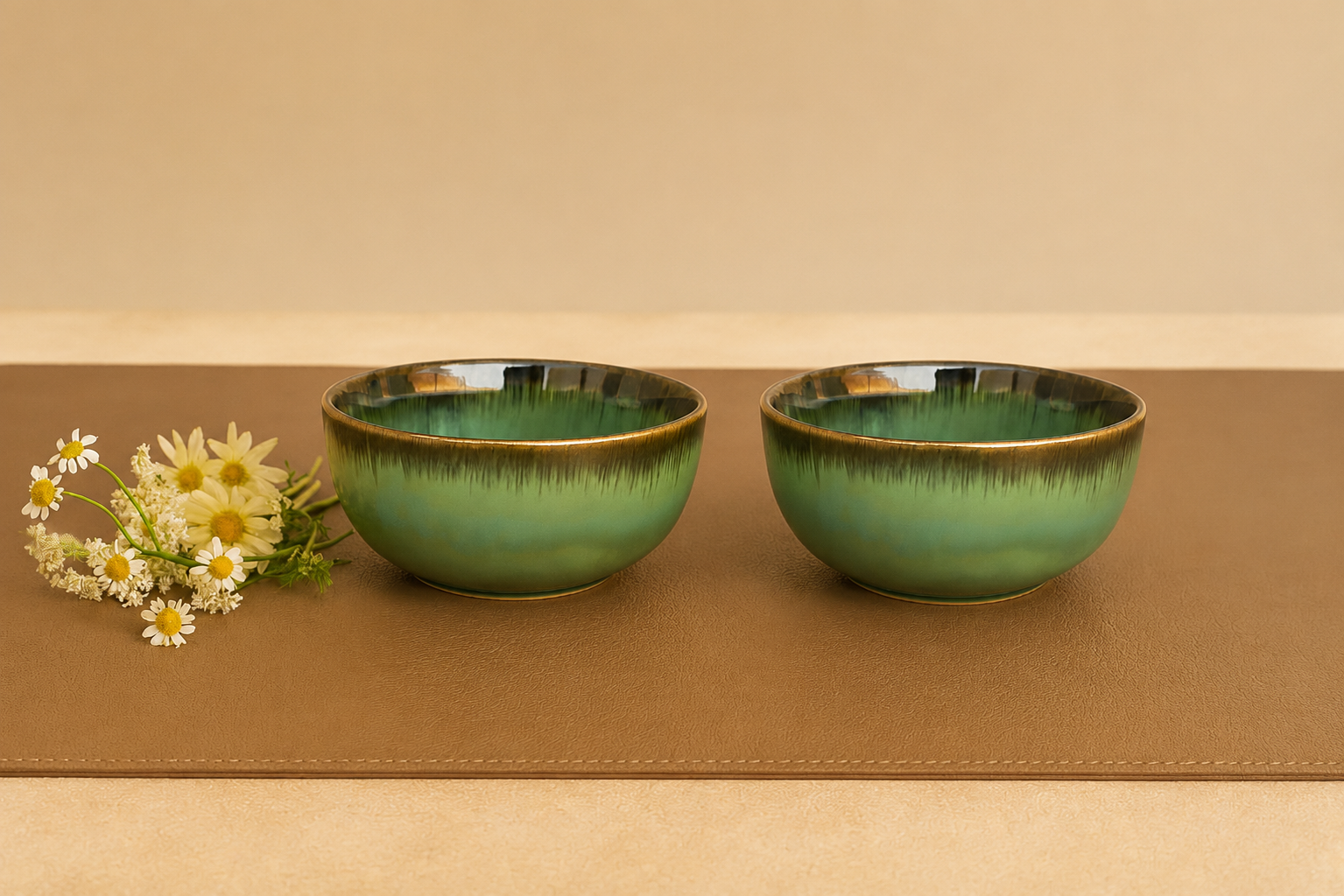 Khan Ceramic forest green reactive glaze ceramic bowls set of 2