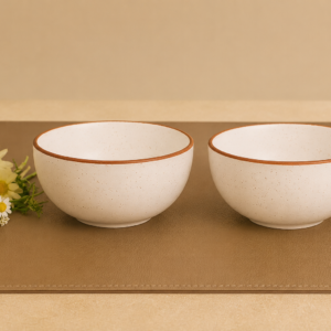 Khan Ceramic white speckled ceramic bowls with brown rim, set of 2