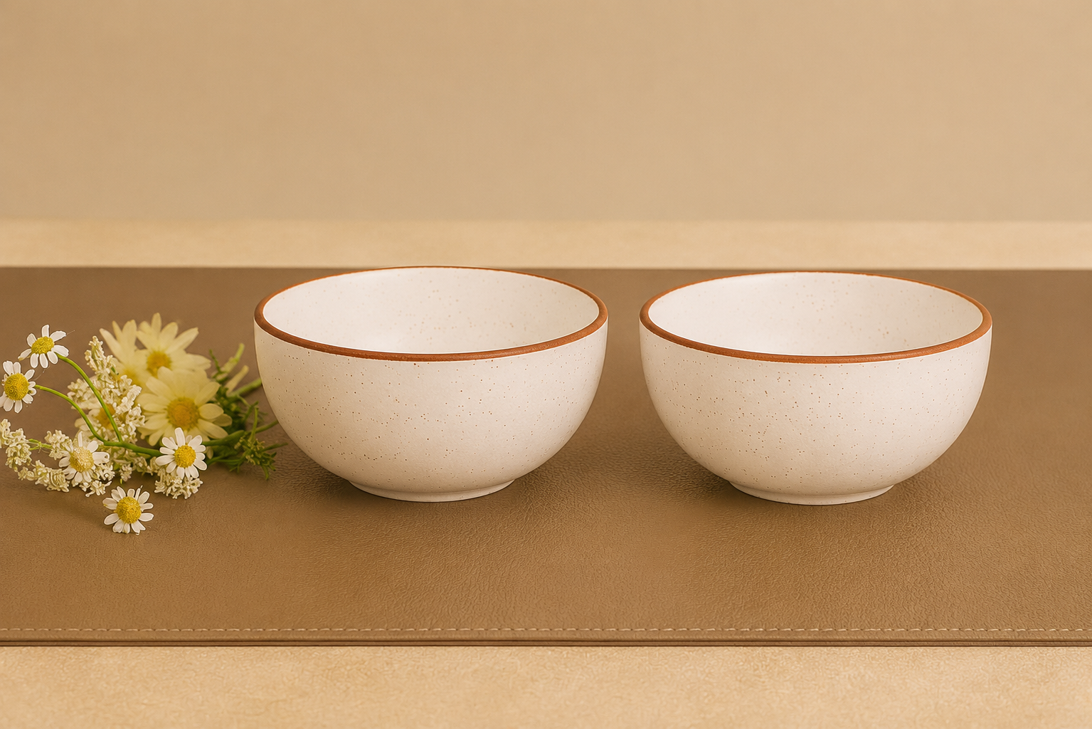 Khan Ceramic white speckled ceramic bowls with brown rim, set of 2