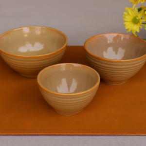 Khan Ceramic warm sand ribbed ceramic bowl set of 3 nested bowls