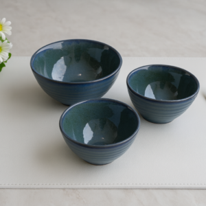 Khan Ceramic deep ocean blue ribbed ceramic bowl set of 3