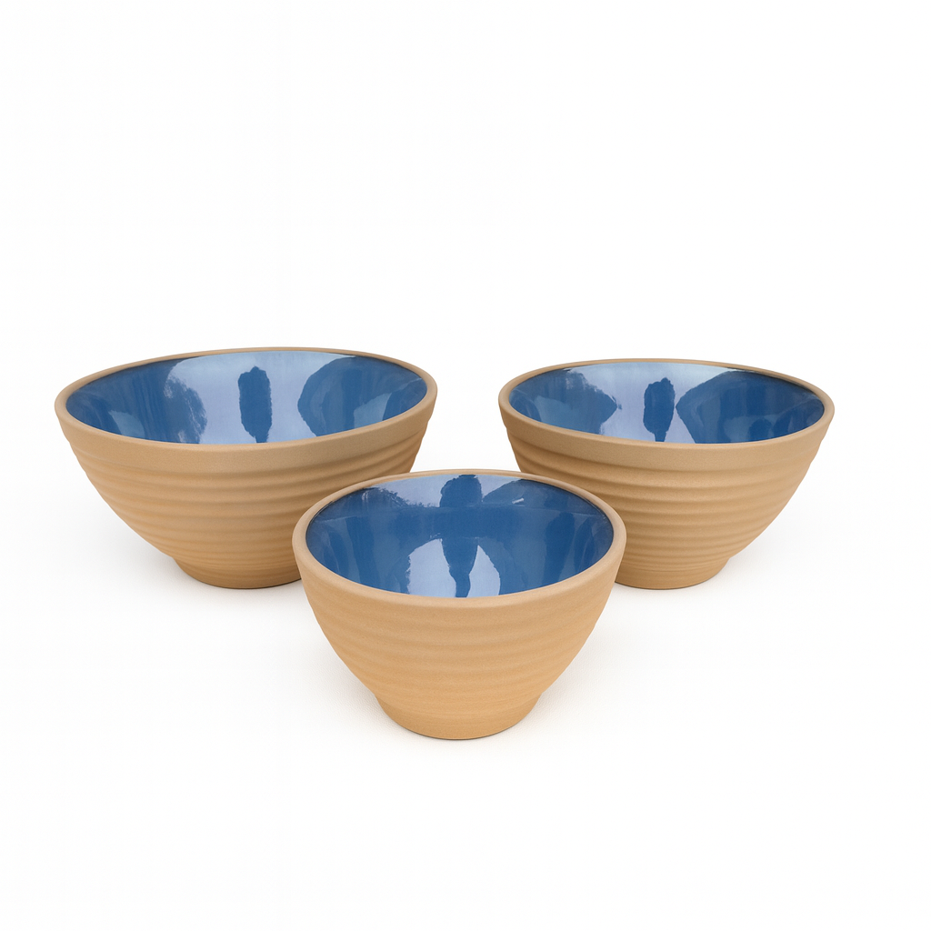Sky blue interior natural clay exterior ceramic bowls