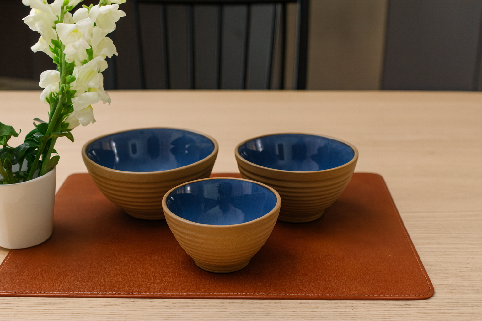 Khan Ceramic sky blue clay bowl set of 3 dual-tone bowls