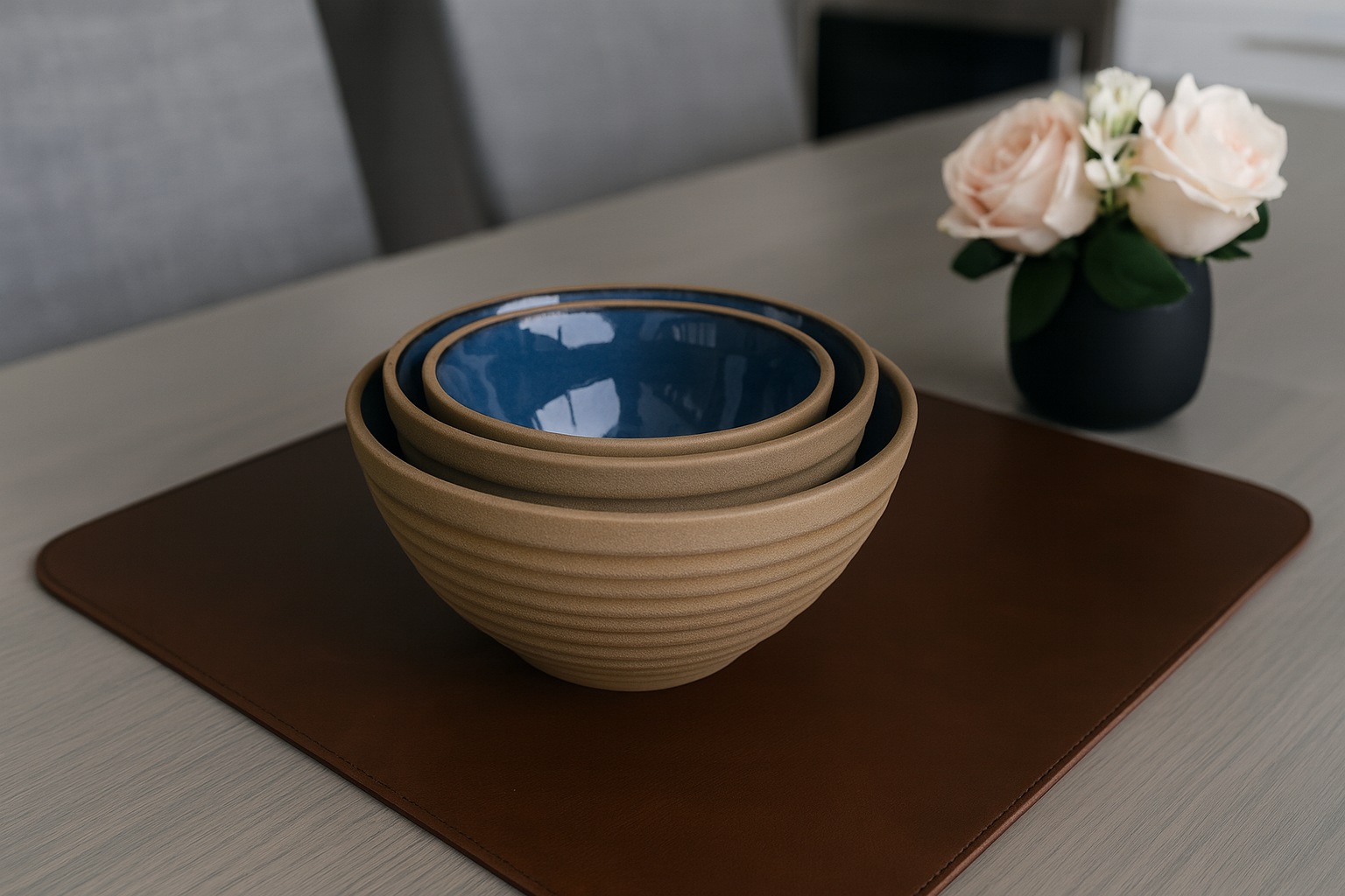 Close-up of dual-tone ceramic bowl sky blue and clay finish