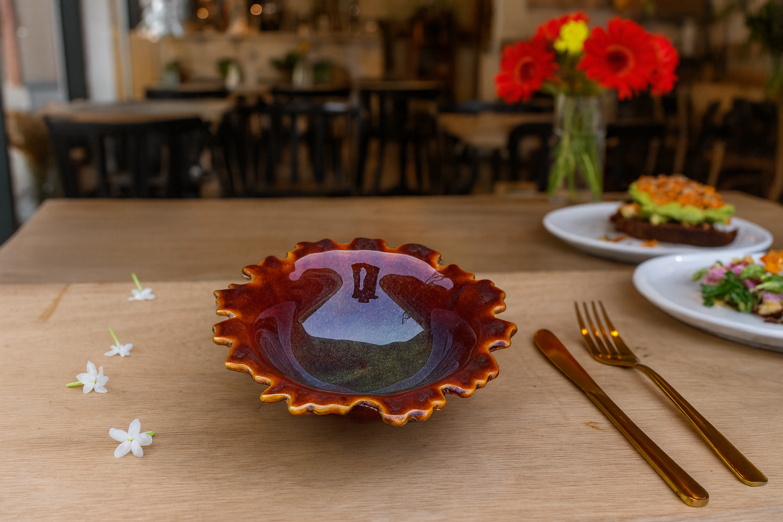 Handcrafted Wavy Rim Ceramic Bowl, Deep Amber Glaze – Khan Ceramic - Image 2