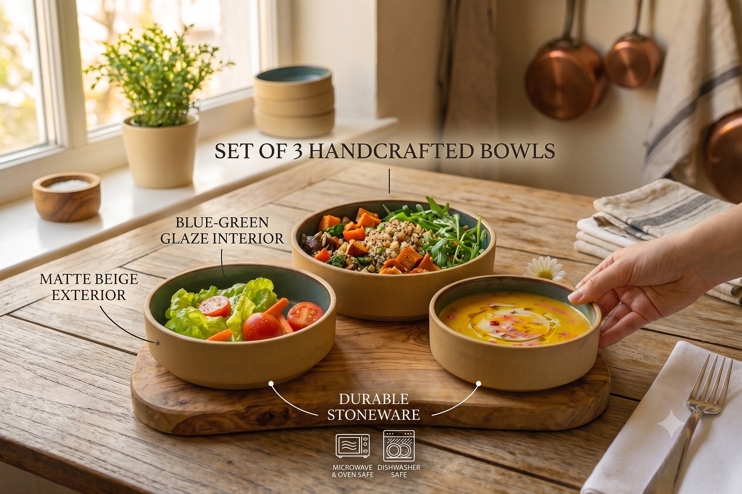 Beige & Blue Glazed Ceramic Serving Bowls, Set of 3 – Khan Ceramic - Image 7