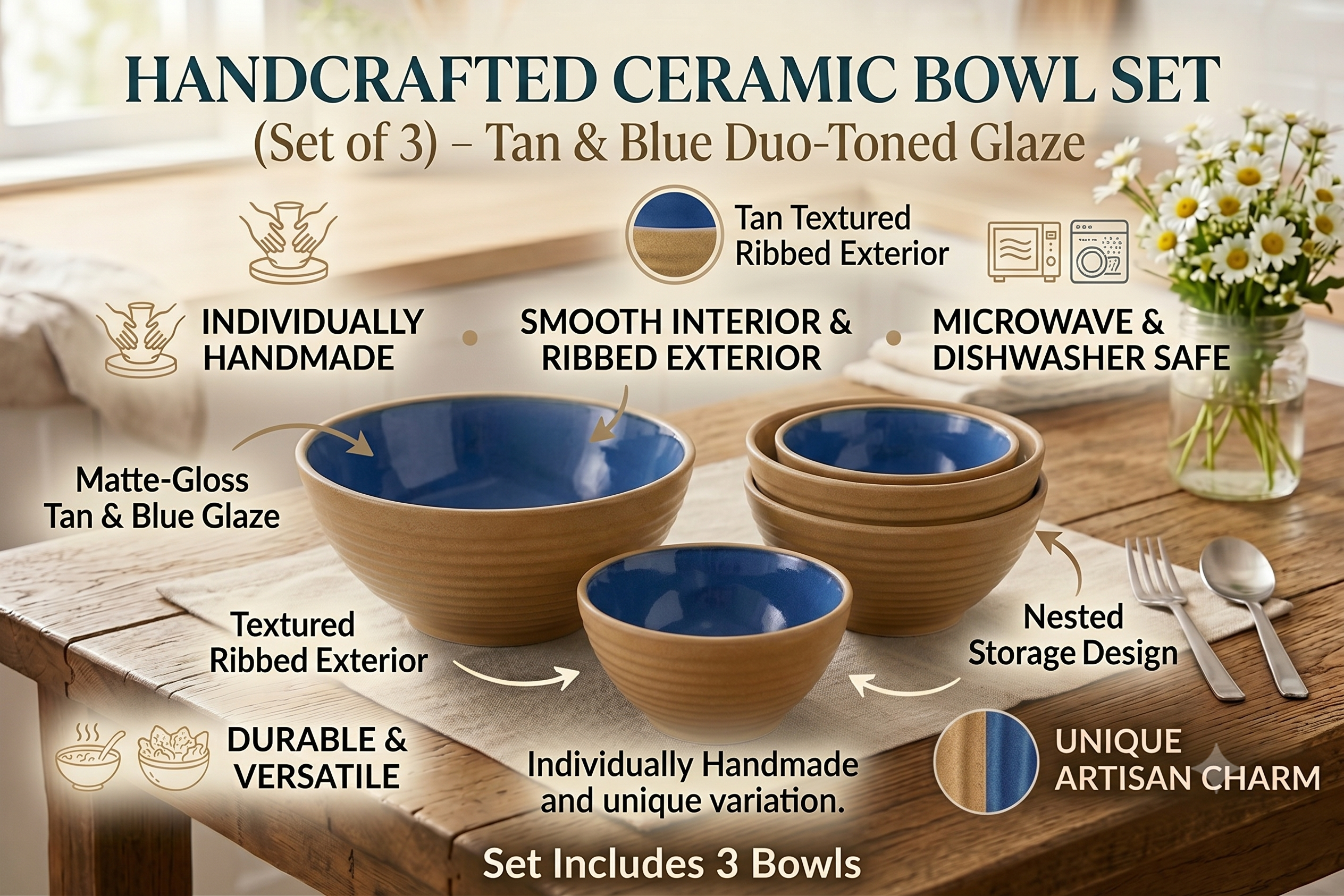 Sky Blue Clay Bowl Set of 3 – Dual-Tone Ceramic Bowls | Khan Ceramic - Image 4