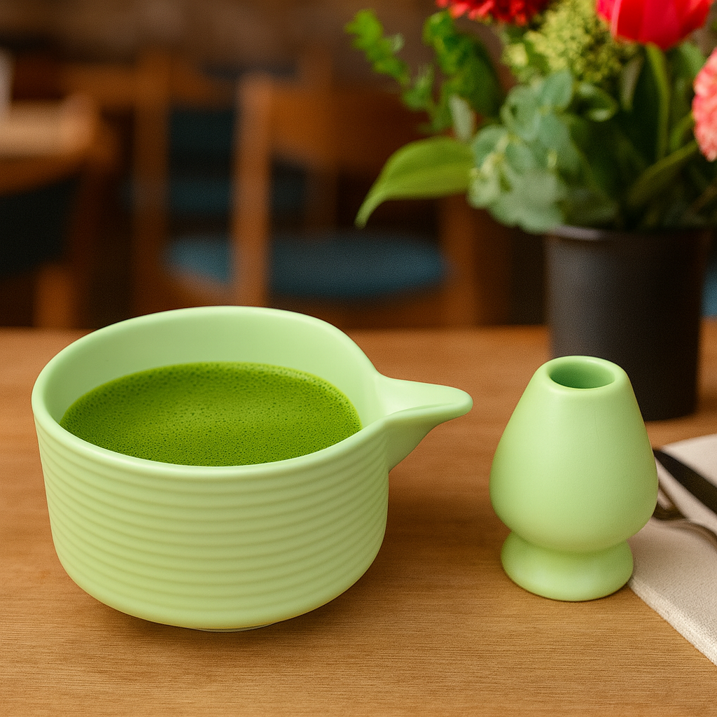Khan Ceramic matcha pouring bowl set mint green with whisk holder