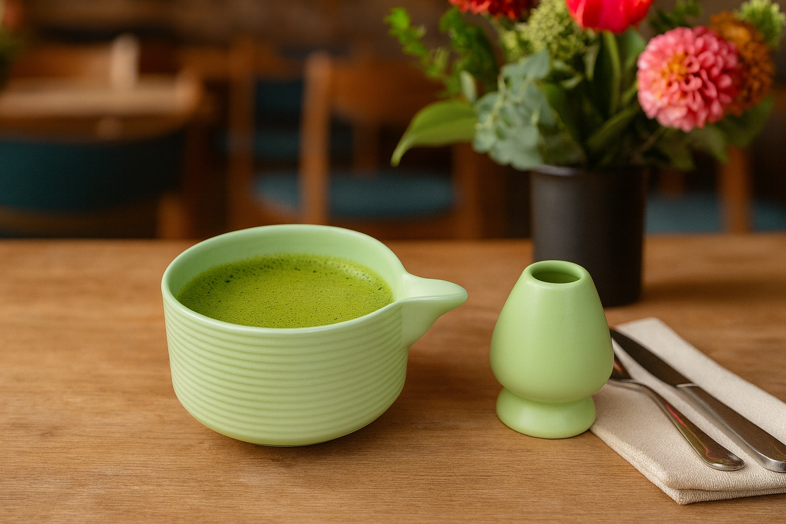 Modern Matcha Pouring Bowl Set with Whisk Holder, Mint Green Ceramic – Khan Ceramic - Image 2