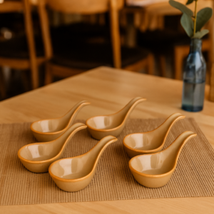 Khan Ceramic warm beige ceramic spoon set golden rim