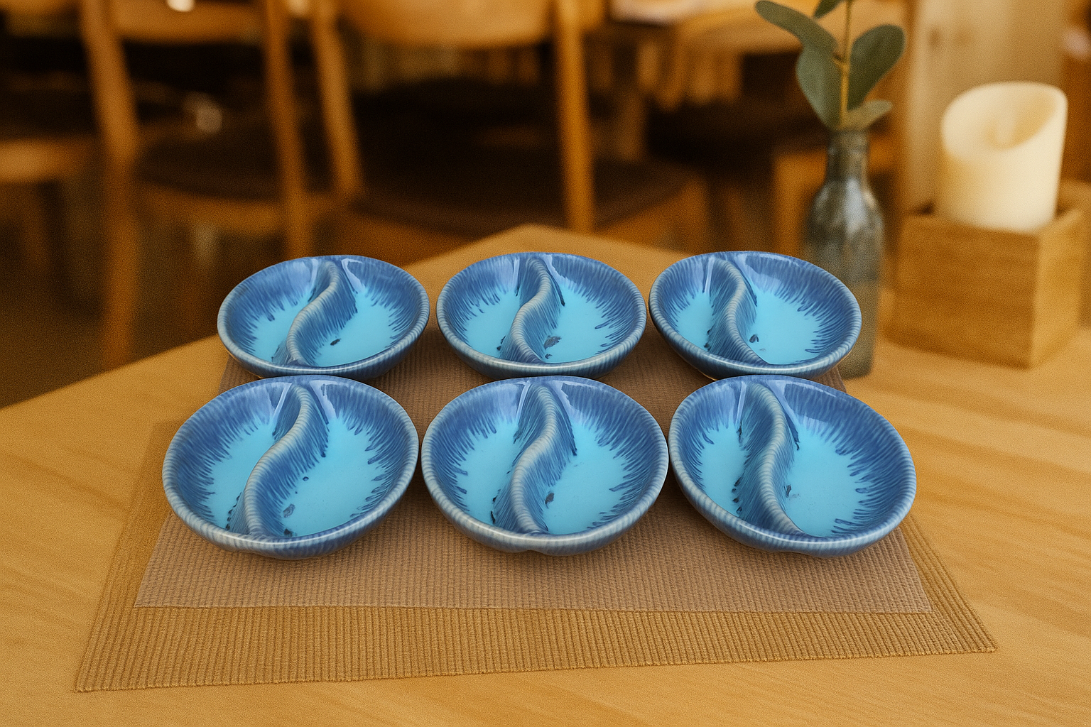 Khan Ceramic blue double section dip bowl set of 6