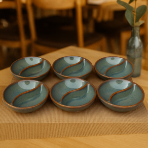 Khan Ceramic jade green double section dip bowl set of 6