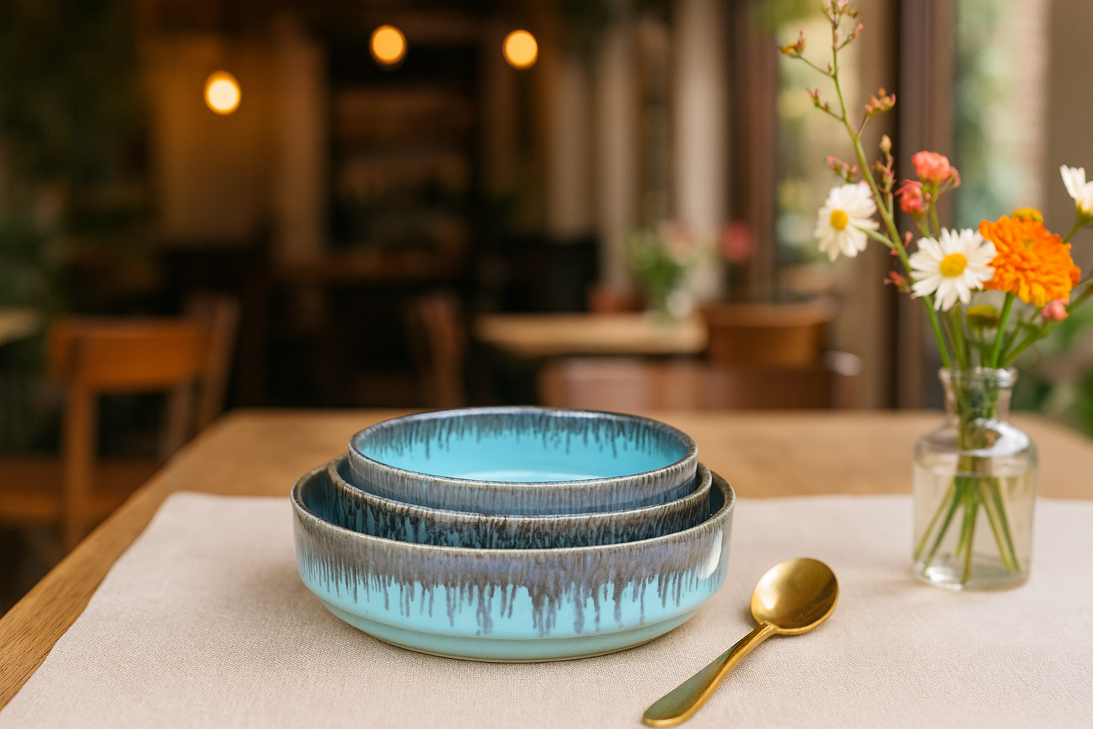 Ocean blue ceramic bowl with gray drip glaze rim