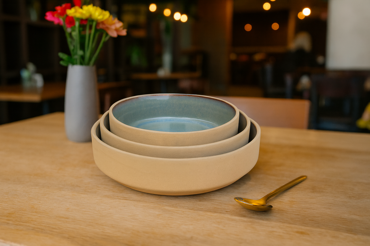 Set of beige blue glazed serving bowls styled on table