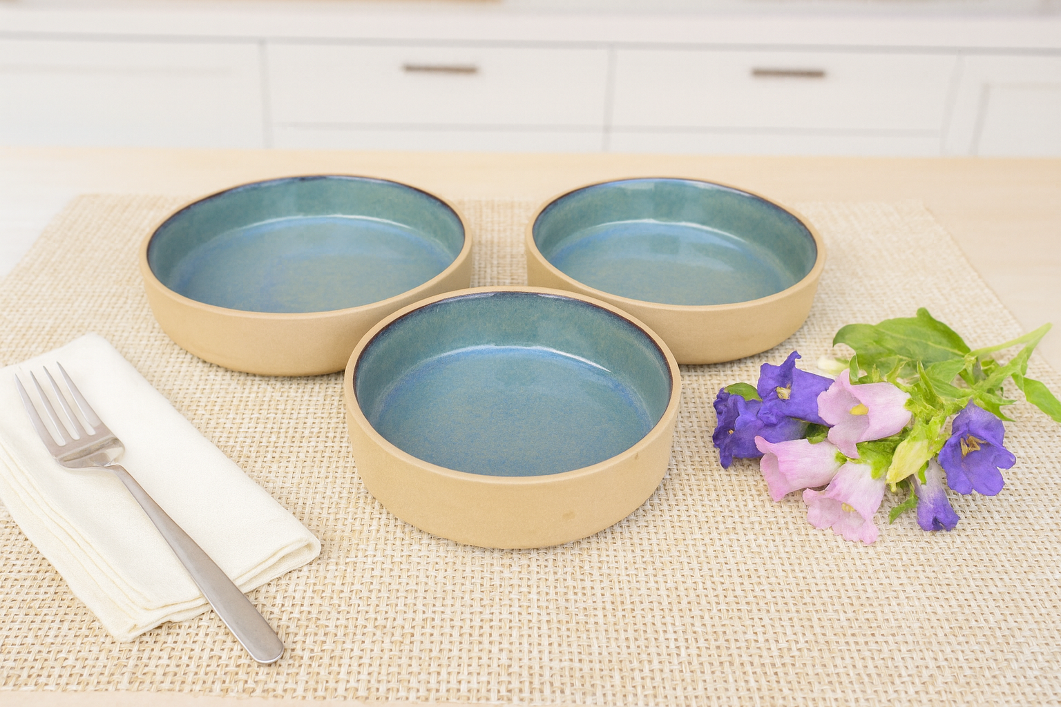 Khan Ceramic beige blue glazed serving bowls set of 3