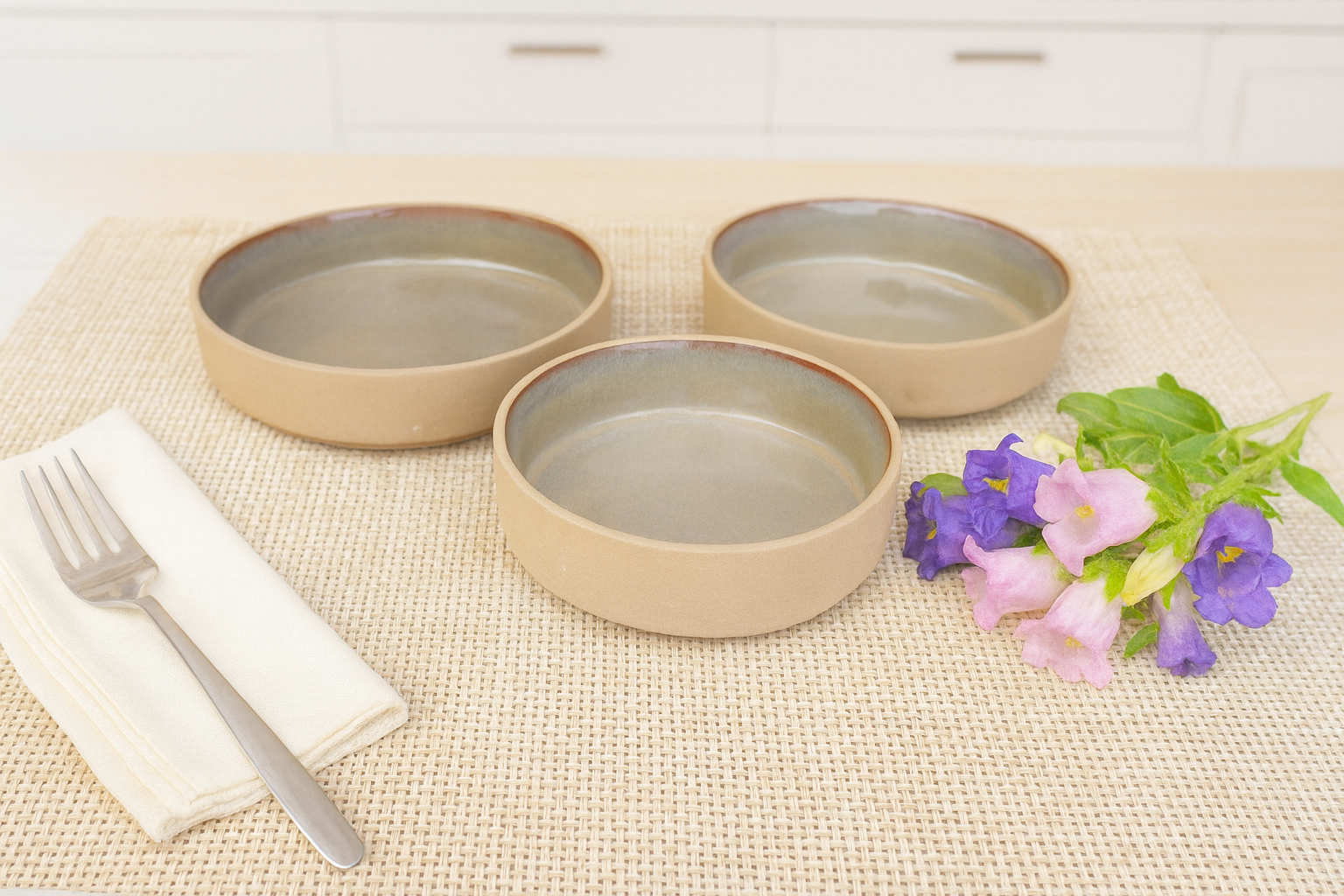 Matte Sand & Grey Glazed Ceramic Serving Bowls, Set of 3 – Khan Ceramic - Image 3