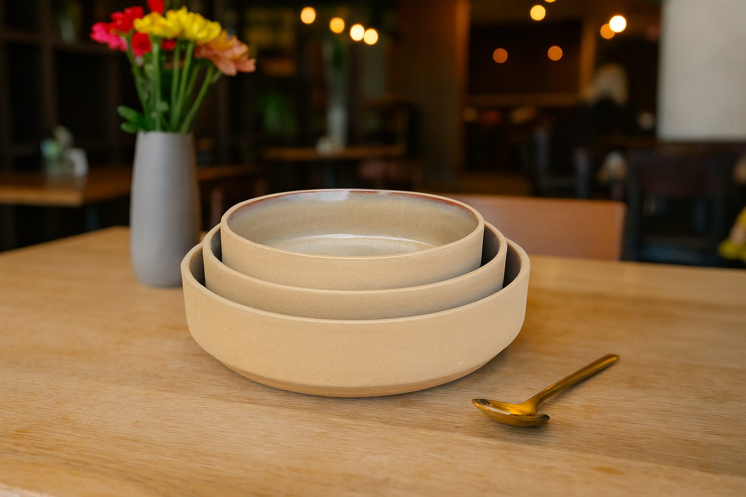 Matte Sand & Grey Glazed Ceramic Serving Bowls, Set of 3 – Khan Ceramic - Image 2