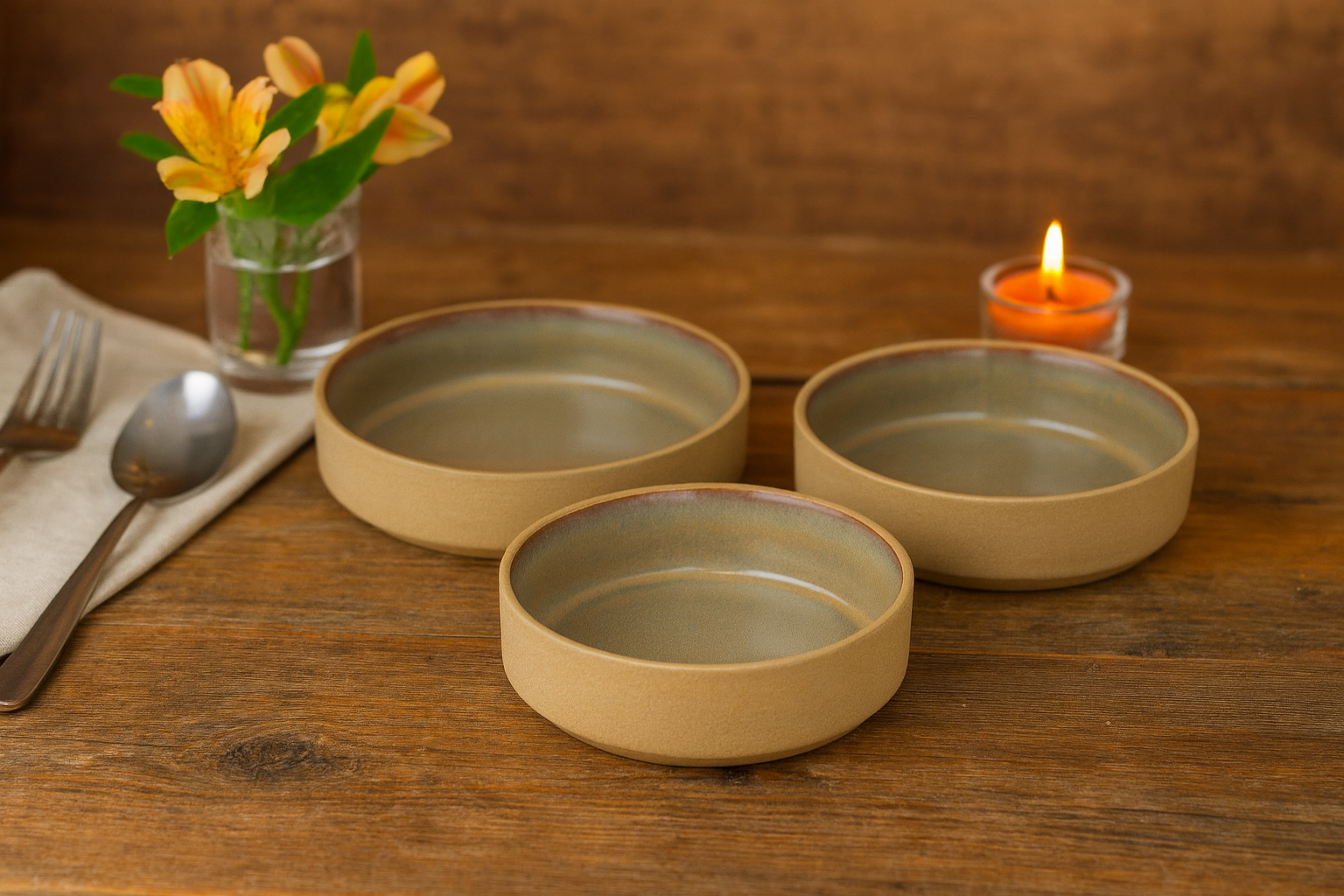 Khan Ceramic matte sand grey ceramic serving bowls set of 3