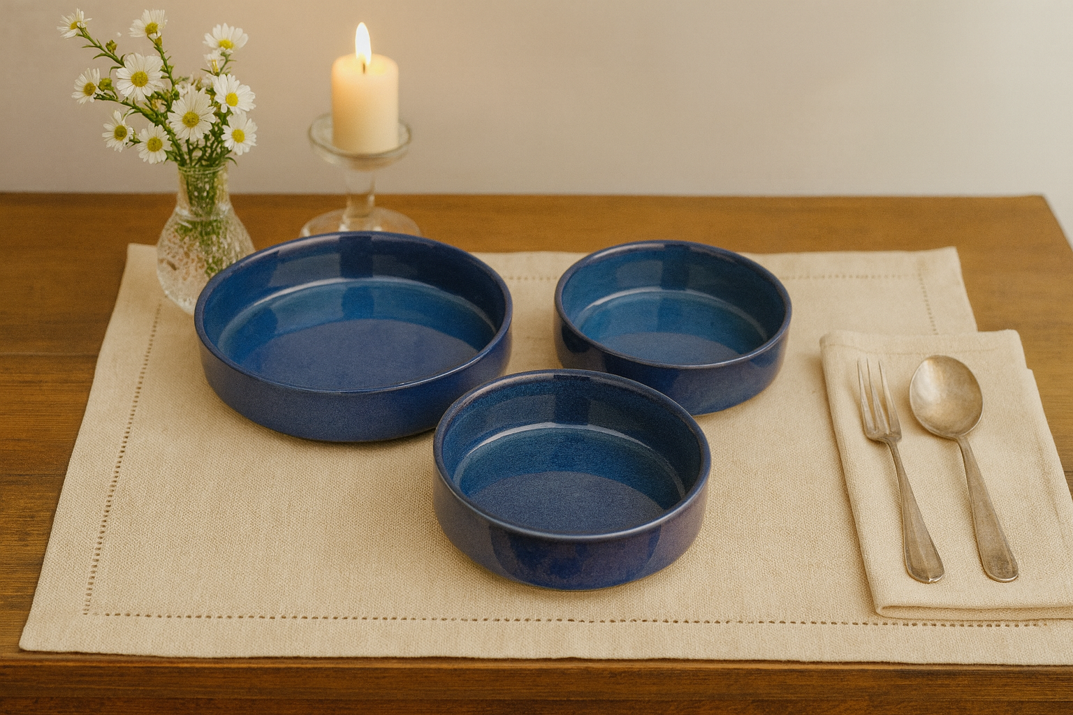 Deep Ocean Blue Glazed Ceramic Serving Bowls, Set of 3 – Khan Ceramic - Image 2