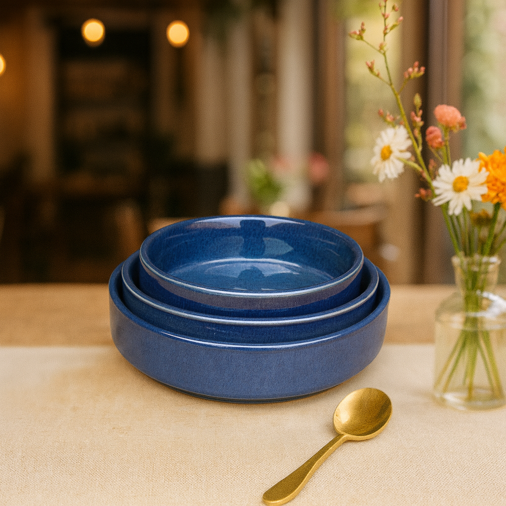 Deep Ocean Blue Glazed Ceramic Serving Bowls, Set of 3 – Khan Ceramic - Image 6