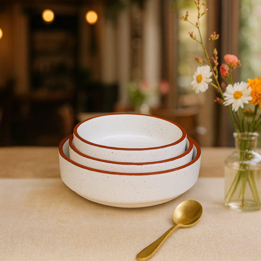 White Speckled Ceramic Serving Bowls with Brown Rim, Set of 3 – Khan Ceramic - Image 7