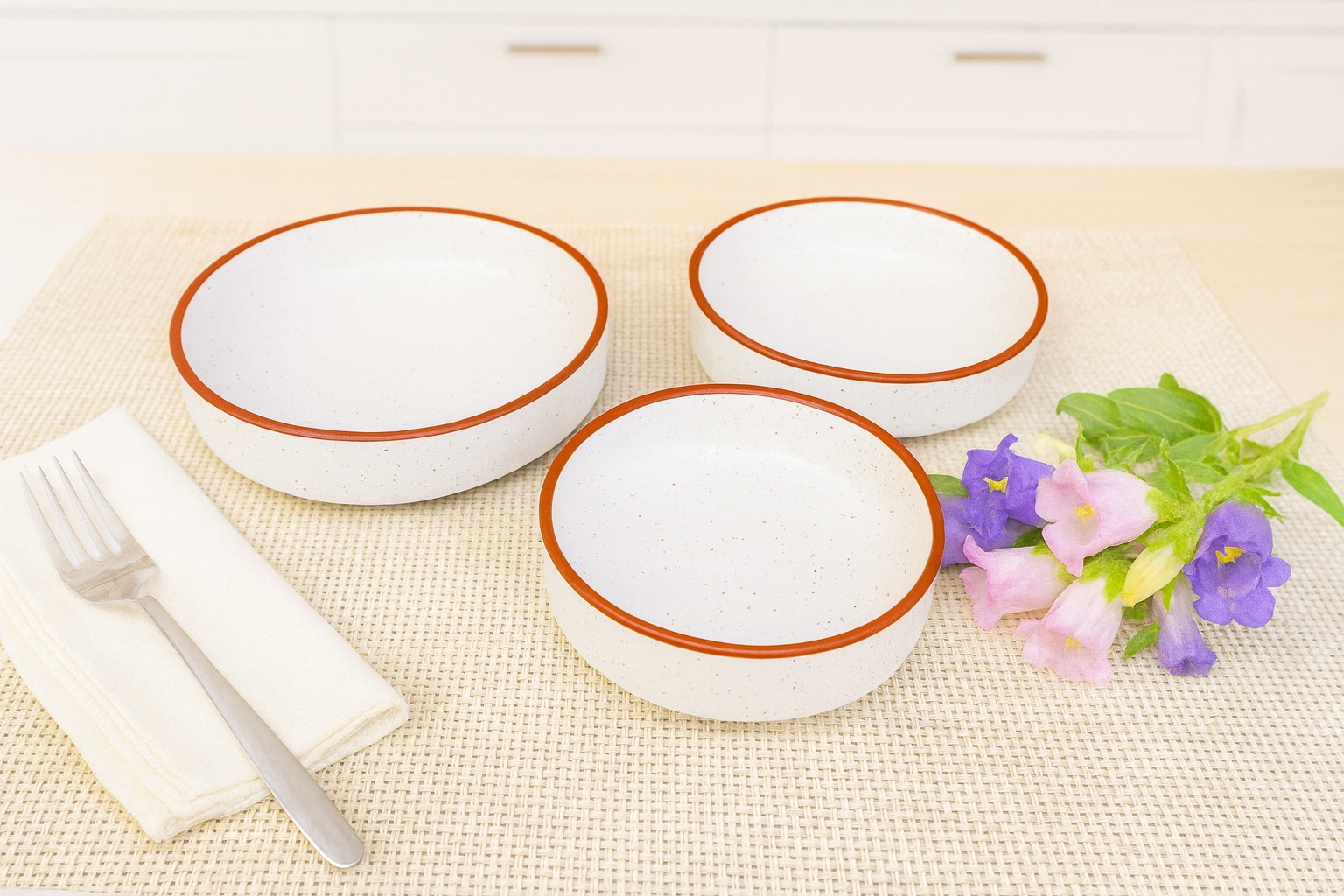 White Speckled Ceramic Serving Bowls with Brown Rim, Set of 3 – Khan Ceramic - Image 3