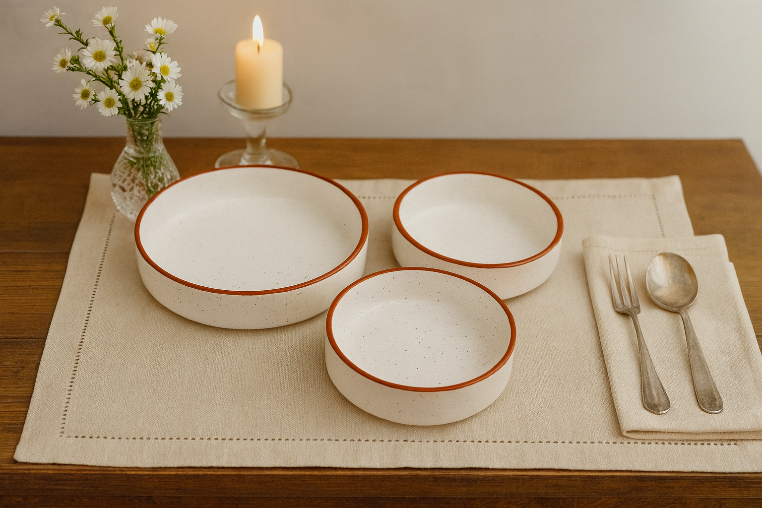White Speckled Ceramic Serving Bowls with Brown Rim, Set of 3 – Khan Ceramic - Image 2